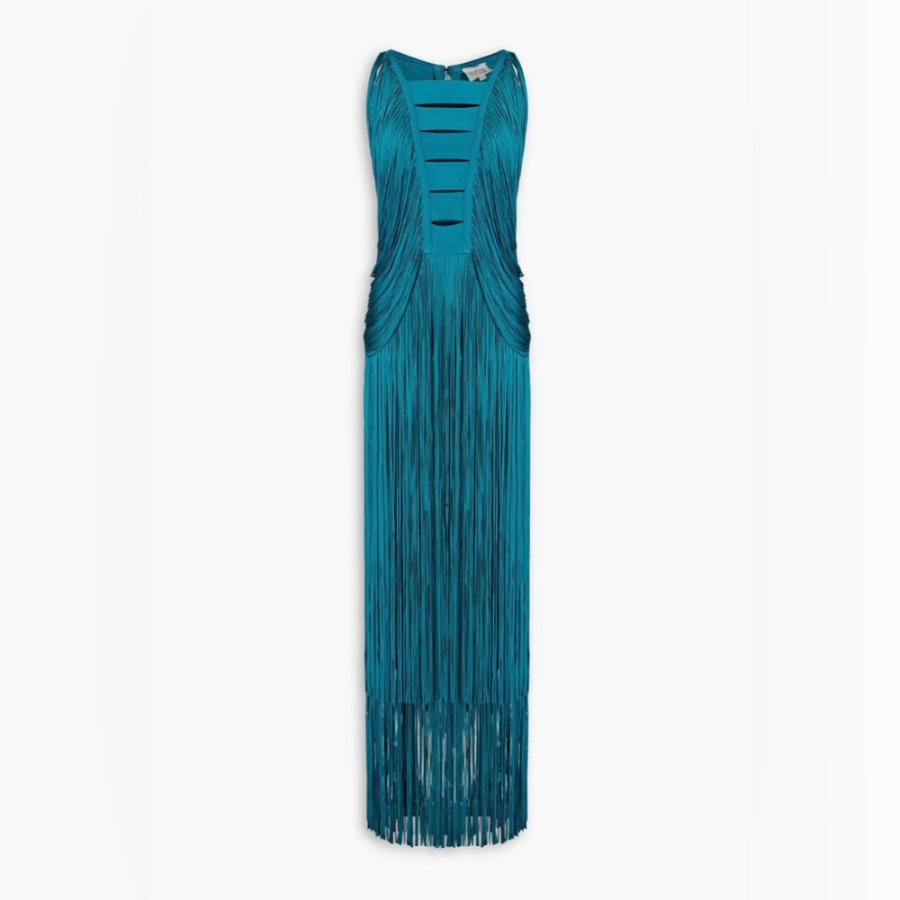 HERVÉ LÉGER Cutout fringed bandage gown